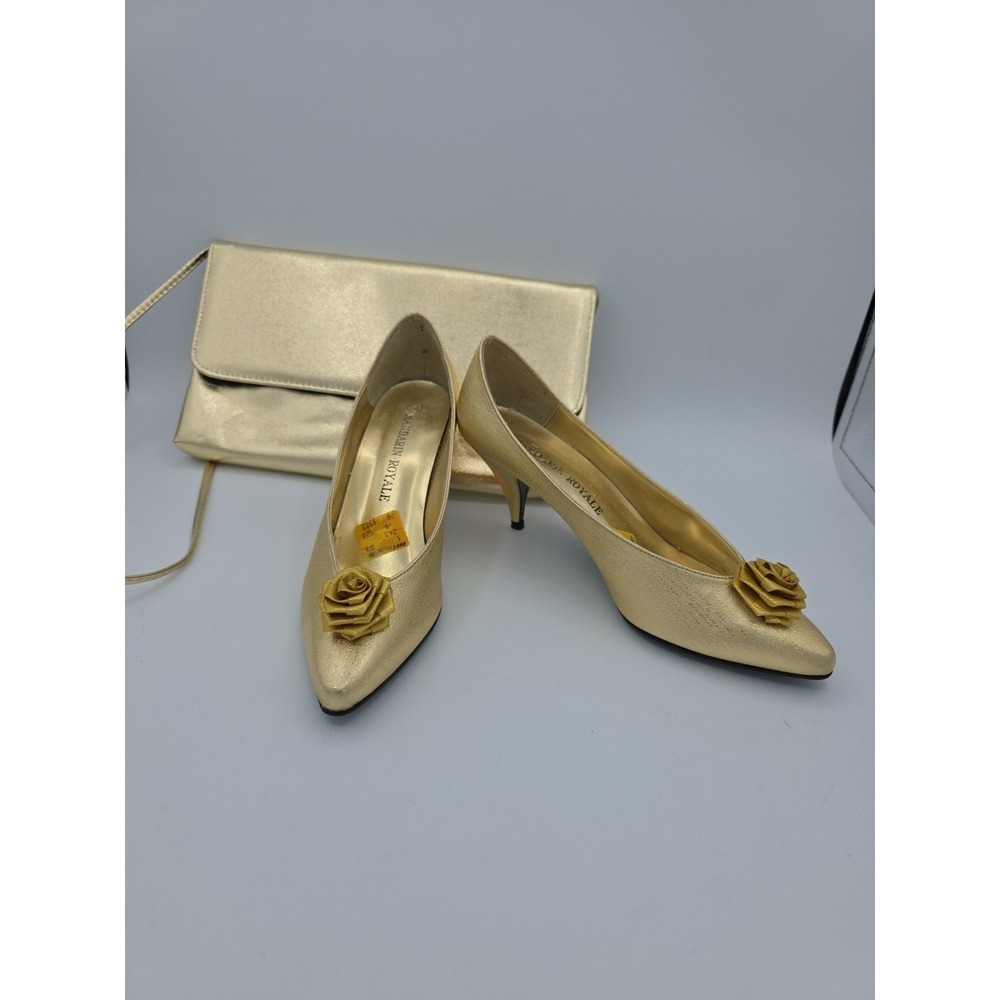 Vintage 80s Gold Heels Size 7.5 With Matching Gold Purse